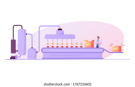 Factory Worker Character Stand at Conveyor with Bottles with Fruit Juice Moving on Belt for Packaging in Carton Boxes. Natural Beverages Manufacture, Plant Producing Juice. Cartoon Vector Illustration