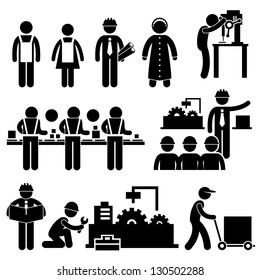 Factory Worker Engineer Manager Supervisor Working Stick Figure Pictogram Icon