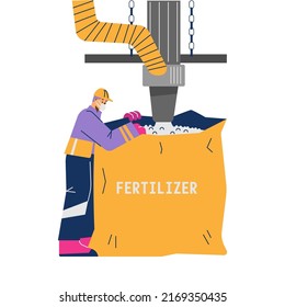 Factory worker fills a bag with chemical mineral fertilizers. Production of fertilizers for agriculture, flat cartoon vector illustration isolated on white background.