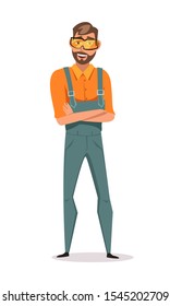 Factory worker flat vector illustration. Engineer in uniform and protective glasses isolated cartoon character on white background. Production industry employee standing with arms crossed