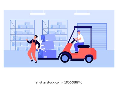 Factory worker getting injured in warehouse. Man on forklift truck causing accident flat vector illustration. Compensation, risk insurance concept for banner, website design or landing web page