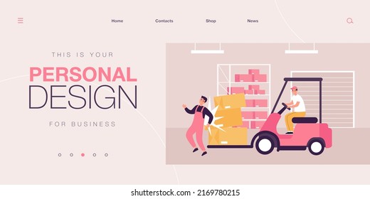 Factory worker getting injured in warehouse. Man on forklift truck causing accident flat vector illustration. Compensation, risk insurance concept for banner, website design or landing web page