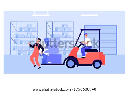 Factory worker getting injured in warehouse. Man on forklift truck causing accident flat vector illustration. Compensation, risk insurance concept for banner, website design or landing web page