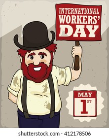 Factory worker holding a commemorative banner for International Workers' Day.