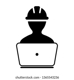 Factory worker icon vector male construction service person profile avatar with laptop and hardhat helmet in glyph pictogram illustration