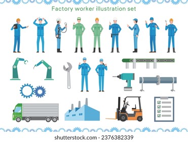 Conjunto de ilustraciones de fábrica y trabajador