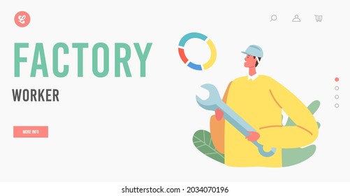 Factory Worker Landing Page Template. Handyman, Builder, Engineer or Foreman Character with Wrench Tool. Professional Architecture Constructor, Production Line Employee. Cartoon Vector Illustration