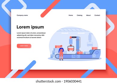 Factory worker operating conveyor machine. Robotic arm placing boxes on conveying belt. Vector illustration for industrial packing process, manufacture, automation concept