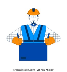 Factory worker packing cardboard box 2D cartoon character. Hardhat packer with gloves and safety gear sealing parcel isolated person flat vector on white background. Spot illustration. 3D Illustration