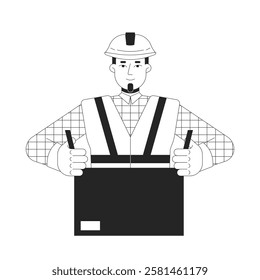 Factory worker packing cardboard box black and white 2D line character. Hardhat packer with gloves and safety gear sealing parcel isolated vector outline person. Monochromatic spot illustration