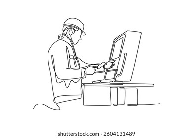 Factory worker is programming a CNC milling machine. Technology in services concept. Single line draw design. Vector graphic illustration