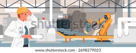Factory worker reacts to malfunctioning robotic arm causing sparks and damage on assembly line, highlighting industrial safety risks and automation hazards isolated vector illustration