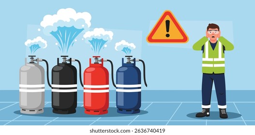 Factory worker receives safety training on how to respond to hazardous gas leaks during emergency situations in industrial environments isometric cartoon