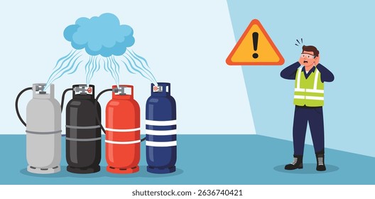Factory worker receives safety training on how to respond to hazardous gas leaks during emergency situations in industrial environments isometric cartoon