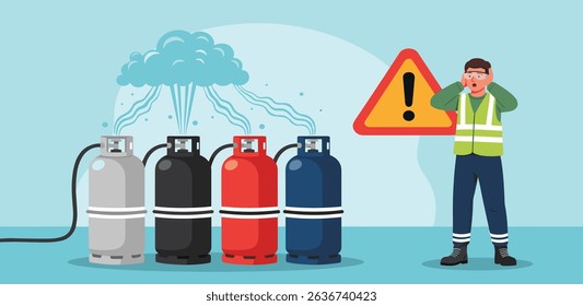 Factory worker receives safety training on how to respond to hazardous gas leaks during emergency situations in industrial environments isometric cartoon
