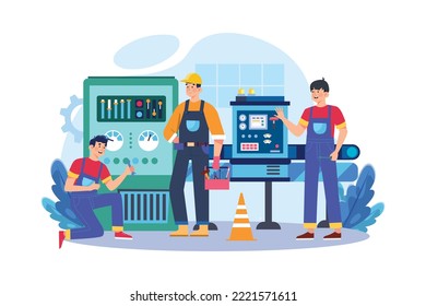 Factory worker repairing machine Illustration concept on white background