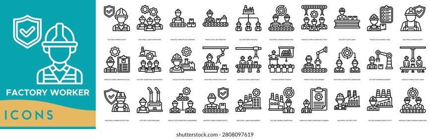 Factory Worker Safety icon line illustration. Industrial Labor Workforce, Manufacturing Plant Workers, Production Line Operator, Factory Employee Role and Industrial Worker Operations