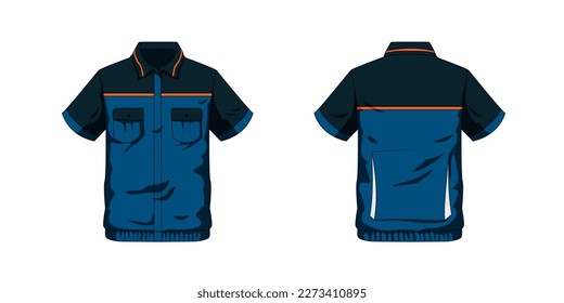 Factory worker uniform template design with blue and dark blue base color. front and back view.