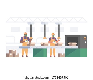 Factory worker working and wearing face mask and practice health or safety protocols to prevent virus transmission with doing social distancing illustration vector