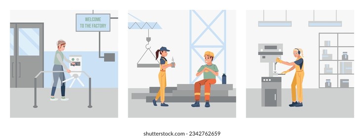 Factory workers coming to work having lunch and doing labour flat set isolated vector illustration