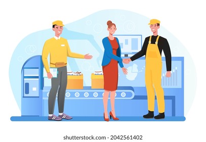 Factory workers concept. Woman shakes hands with employee of production department. Engineer controls operation of conveyor. Cartoon modern flat vector illustration isolated on white background