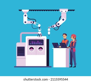 Los trabajadores de fábrica o los ingenieros controlan las manos robóticas con la laptop, la ilustración plana vectorial aislada en el fondo azul. Concepto de tecnologías inteligentes que funcionan en fábricas en lugar de en seres humanos.