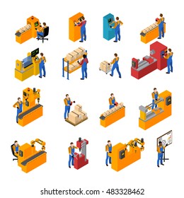 Factory workers isometric icons set with production symbols isolated vector illustration 