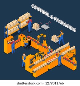 Factory workers isometric people composition with characters of workers performing control and packaging tasks with text vector illustration