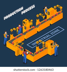 Factory workers isometric people with images of long conveyor assembly line and operating workers with text vector illustration