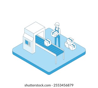 Factory workers on packaging line. Manufacture conveyor operator outline isometry.