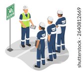 Factory workers receiving emergency briefing at assembly point during safety drill in industrial facility isometric blue