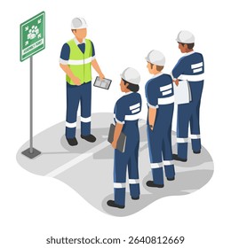 Factory workers receiving emergency briefing at assembly point during safety drill in industrial facility isometric blue