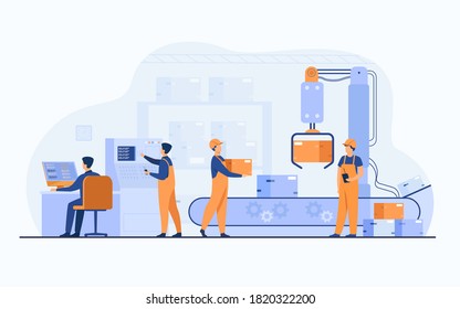 Factory workers and robotic arm removing packages from conveyor line. Engineer using computer and operating process. Vector illustration for business, production, machine technology concepts - Shutterstock ID 1820322200