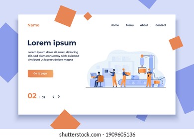 Factory workers and robotic arm removing packages from conveyor line. Engineer using computer and operating process. Vector illustration for business, production, machine technology concepts