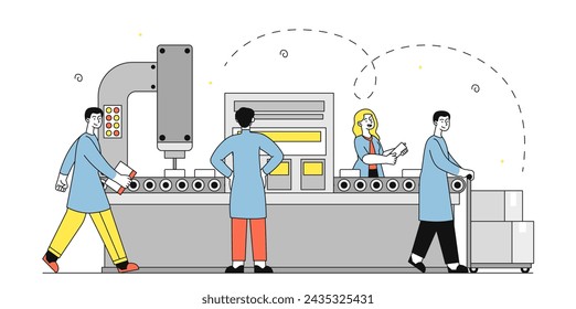 Factory workers simple. Men and women in uniform with factory line. Production and manufacturing. Routine and packing of goods. Doodle flat vector illustration isolated on white background