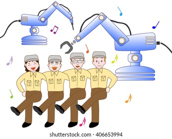 Factory workers working with an industrial robot. Teamwork is good.