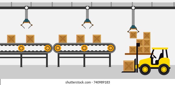 Factory working conveyer belt with wooden box and forklift vector illustration