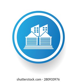 Factory,industry icon design on blue button,white background,clean vector