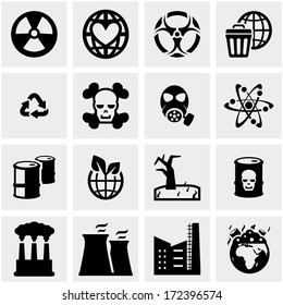Factory,plants and pollution vector icons set on gray