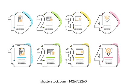 Facts, Checklist and Money wallet icons simple set. Discount sign. Important information, Graph report, Payment method. Sale shopping. Infographic timeline. Line facts icon. 4 options or steps. Vector