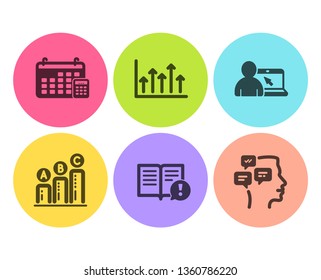 Facts, Graph chart and Online education icons simple set. Growth chart, Calendar and Messages signs. Important information, Growth report. Education set. Flat facts icon. Circle button. Vector