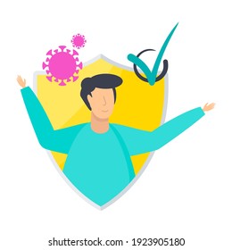 Facts And Myths About COVID 19 Vaccines. Person Protected From Coronavirus With A Shield. Vector Flat Illustration.