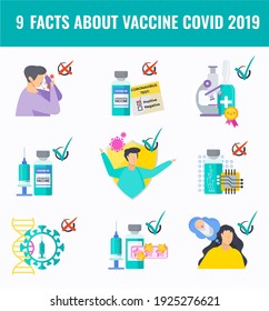 Facts And Myths About COVID 19 Vaccines. Set Of Icons With Common Answers To Vaccine Questions. Vector Flat Illustration.