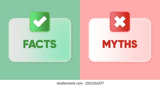 Facts or Myths banner. Green check mark and cross mark symbols icon element in square in 3D design. Checkmark symbol accepted and rejected. Vector illustration.