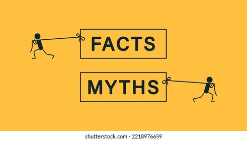 Facts and myths. Banner on a yellow background. Vector illustration. The man pulls the rope.