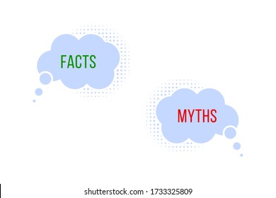 facts and myths in clouds. concept of juxtaposing true and false info, learning by presenting a list of phrases, playing with data. the choice between good and bad. simple red and green text on blue