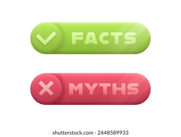 Facts and myths geometric badge in 3d style with check and cross mark on circle and glowing effect. Banner design for business, news and journalism. Vector illustration.