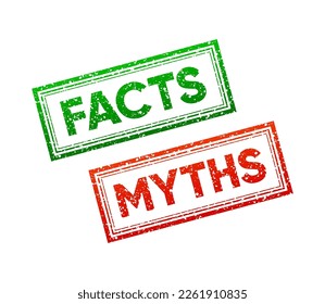 Facts and Myths Rubber Stamps. Stamps for comparison. Symbol accepted and rejected. Vector illustration.