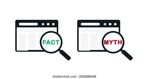 Facts myths sign. Magnifying glass with true or false. Concept of thorough fact-checking or easy compare evidence. Illustration vectorIllustration vector