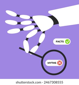 Facts versus myths. Ai robot searching Myths and facts. Banners with true or false facts. Emblem or badge. Flat vector illustration.